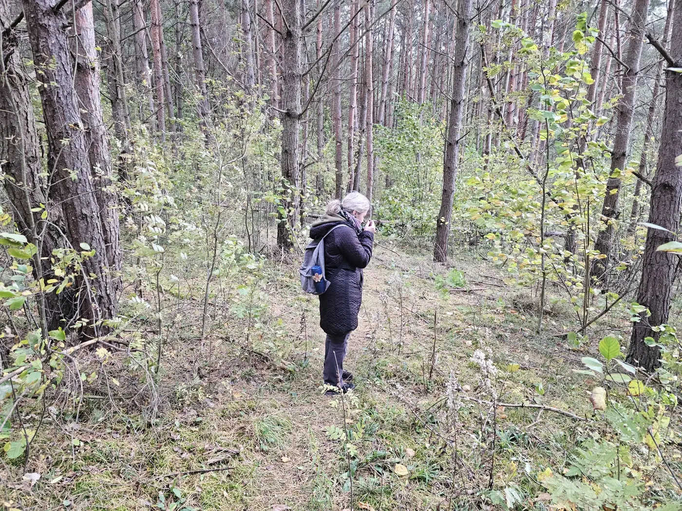 Moteris pušyne užuodžia augalo kvapą